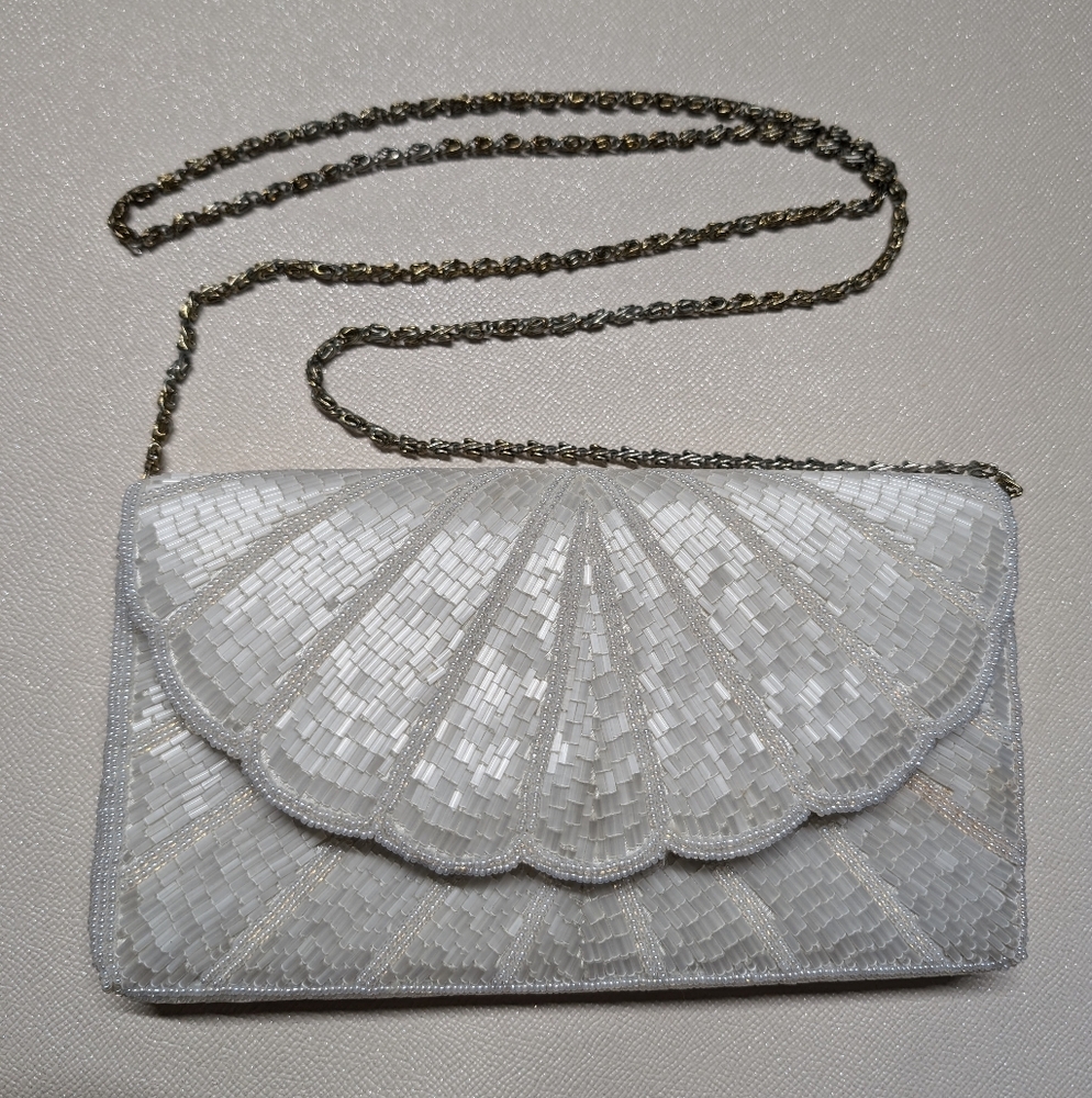 Elegant White Beaded Clutch Seashell Scalloped Evening Bag